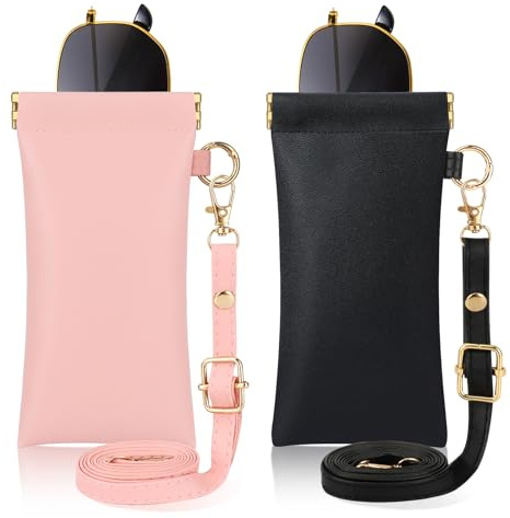 Hifot 2 Pièces Etui Lunettes Souple, Cuir Etui Lunettes de Soleil Etui Lunettes Portable Squeeze Top avec Crochet et Lanière, Mince Pochette Lunettes de Soleil Boîte à Lunettes Étuis à Lunettes Femme