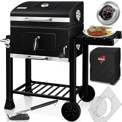 KESSER® Parilla de Carbón con Carrito Grill con Tapa, Ruedas, Mango de Acero Inoxidable | Barbacoa, Cepillo, Cubierta y Termómetro Carbón Wagen Grande BBQ Barbacoa Camping, Jardín XL Negro