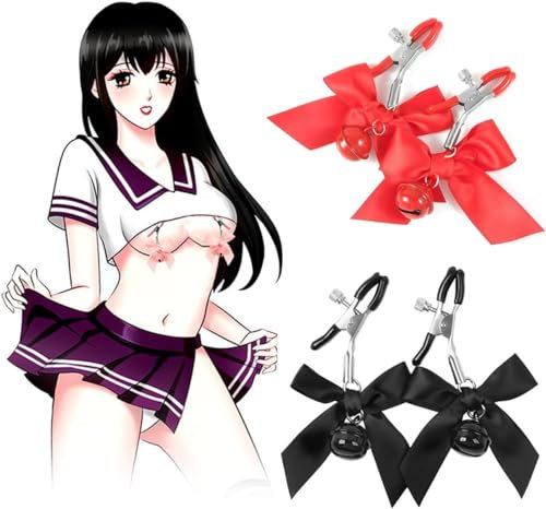 Nipple Clips, 2 Pairs Body Chains Clips,Fake Nipple Rings,Stainless Steel Body Bells Non-Piercing Jewelry Clip, for Women Non Piercing Nipple Ring (Black+Red)