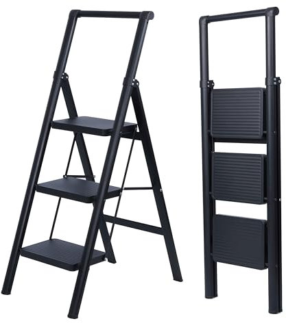 UZIRO Escalera Plegable 3 Peldaños, Liviana y Compacta, Diseño Decorativo, Peldaños Anchos Antideslizantes, Ideal para Uso en Hogar, Cocina y Oficina, Fácil de Guardar y Transportar, Alta Durabilidad