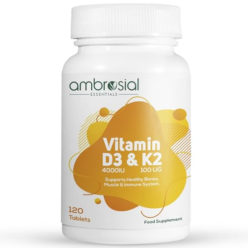 Ambrosial Vitamin D3 & K2 Tablets 4000IU Vitamin D3 + 100µg Vitamin K2 MK-7 for Healthy Bones, Muscles, and to Support the Immune System - 120 Tablets