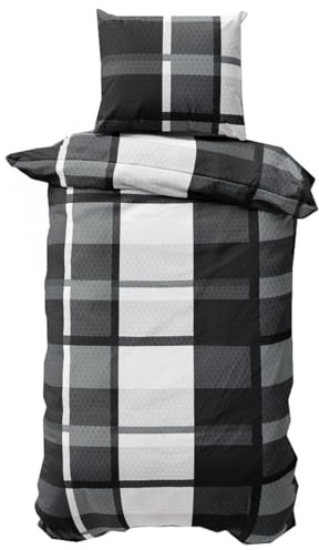 Visaggio Winter Bettwäsche Thermofleece Bettbezug Set 135x200 cm Schwarz Grau Weiß Kariert Ornamente