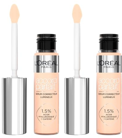 L'Oréal Paris Accord Parfait Radiant Serum Concealer Concealer aus Serum, auffüllend und hydratisiert, mittlere Abdeckung, hell, neutralisiert Augenringe mit Hyaluronsäure, Farbton 1R, 2 Flaschen à 11