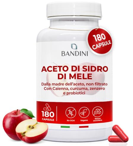 Bandini® Apfelessig Komplex hochdosiert mit 1860mg pro Tagesdosis - 180 vegane Apple Cider Vinegar Kapseln mit Probiotika + Cayennepfeffer, Ingwer & Kurkuma - Ungefiltert, 100% Vegan - 2 Monatsvorrat