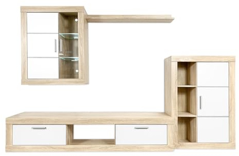 amuéblate Online - Mueble de Salón Moderno con Leds, Módulos de Comedor, Modelo Apolo, Acabado en Blanco y Cambria, Medidas: 259 cm (Ancho) x 132,5 cm (Alto) 40 cm (Fondo)