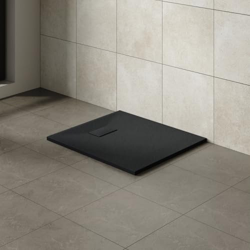 Aquariss Bathroom Rectangular 900 x 800 mm Slate Effect Shower Tray Black | Slimline Anti Slip, SMC Wetroom Shower Cubicle Base, for Walk In Shower Door, Durable, Low Profile