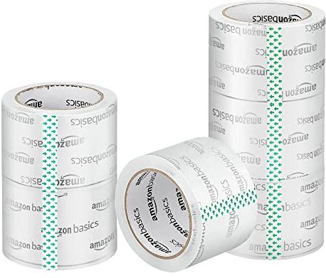 Amazon Basics Nastro da Imballaggio Largo 7,2cm, Compatibile con Dispenser da 7,6cm, Trasparente, Basso Odore, Ideale per Traslochi Stoccaggio Spedizioni e Sigillatura Scatole, 49,9m, Confezione da 6