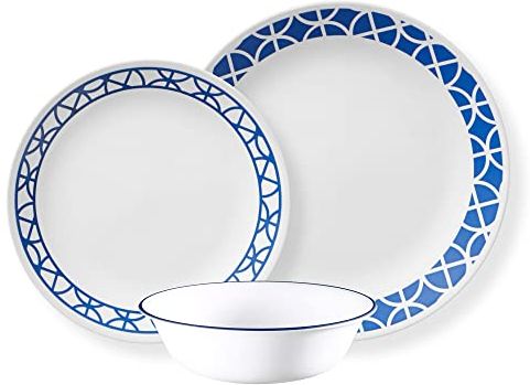 Corelle Vitrelle 12-Piece Glass Dinnerware Set Service for 4, 10.25 Dinner Plates, 8.5 Salad Plates, 18-Oz Soup Cereal Bowls, Cobalt Circles