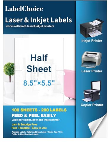 Labelchoice 100 Sheets 200 Labels Half Sheet Self Adhesive Shipping Labels for Laser & Inkjet Printers, 8.5 x 5.5 Shipping Mailing Labels, 2 per Page Shipping Labels, 5 1/2 x 8 1/2 Half Sheet Labels