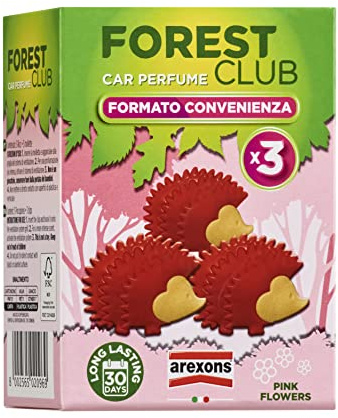 AREXONS Forest Club & Friends Riccio Tripack, Profumatore Auto, Durata Fino a 30 Giorni, Confezione da Tre Animaletti, Fragranza Pink Flowers, Made in Italy