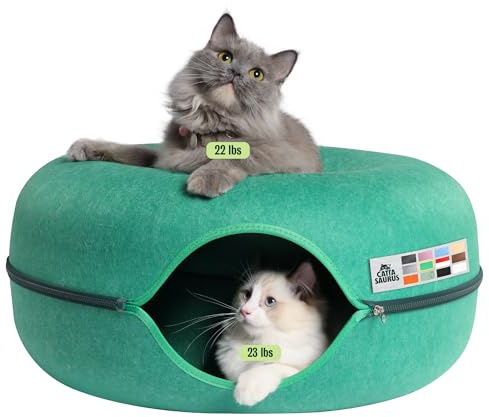 Cattasaurus Peekaboo Cat Cave Donut for Multiple & Large Cats up to 30-45 lbs, 3-in-1 Self Warming Cat Bed, Tunnel & Scratcher for Indoor Cats, Washable & Detachable Dog Bed (Forest Green, Large)