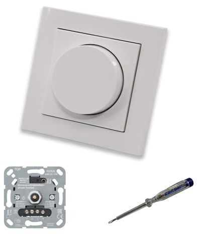 GIRA 245500 LED-Drehdimmer LED-Dimmer mit Dimmerscheibe Zentralscheibe Zentralplatte 065003 Einfachrahmen in Gira E2 reinweiß glänzend inklusive EBROM Phasenprüfer zur Montage des Dimmers