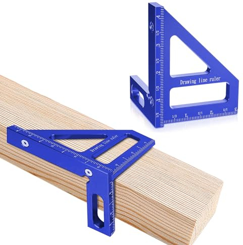 3D multivinkelmätlinjal, 45° och 90° graders triangel scriber fyrkantig gradskiva, gering triangel linjal mätverktyg för ingenjör aluminium tum skala för snickare och träarbetare (blå).