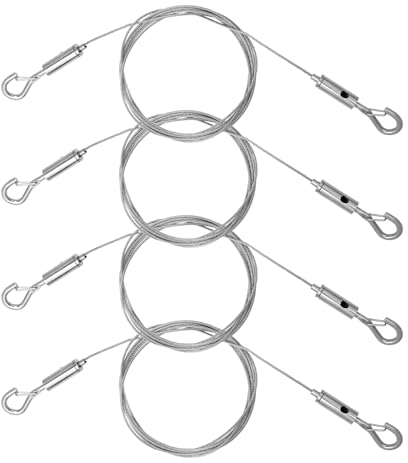 4 Stück Stahlseil mit Ösen Silber Fotoseil Aufhänger Verstellbar Bilder Aufhängedraht mit Haken Robustes Edelstahl Drahtseil mit Ösen von Spiegeln Lampen Kunstwerken (2 m x 1,5 mm)