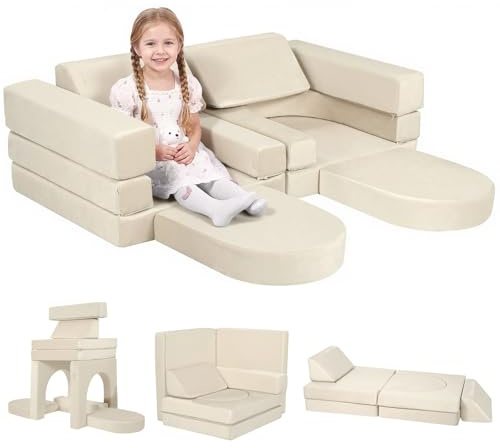 MeMoreCool 10-Pieces Kids Play Sofa Bed, Modular Toddler Chair Couch for Playroom, Fold Out Foam Couch for Girls Boys, Convertible Children Sectional Playset, Beige