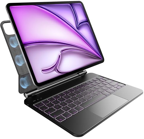 Clavier pour iPad Air 13 pouces (M3 2025 / M2 2024) et iPad Pro 12,9 (6e, 5e, 4e, 3e génération), Rétroéclairage 7 Couleurs, Pavé Tactile Multi-Touch, Conception Magnétique Flottante, AZERTY, Noir