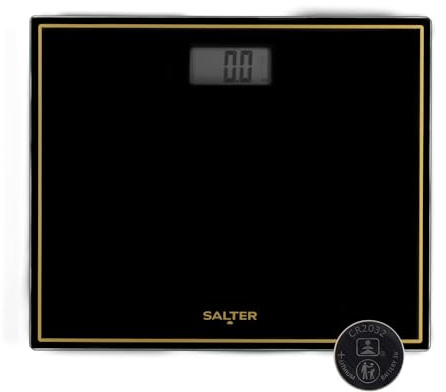 Salter Compact Bathroom Scale – Digital Bodyweight Scale, 150kg/23st 8lb, LCD Easy To Read Display, Step On Instant Accurate Readings, Slim Design, Neat Storage, Battery Included, Black/Gold