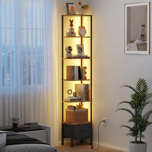 OYRREU Book Shelf with Drawer and LED Light, 6 Tier Tall Corner Shelf Unit, Bookcase for Living Room Bedroom, Narrow Shelving Unit with Fabric Drawer, Retro Brown
