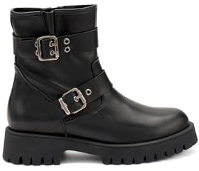 Frau - Bottines en cuir avec boucles et semelle wagon, Noir , 36 EU