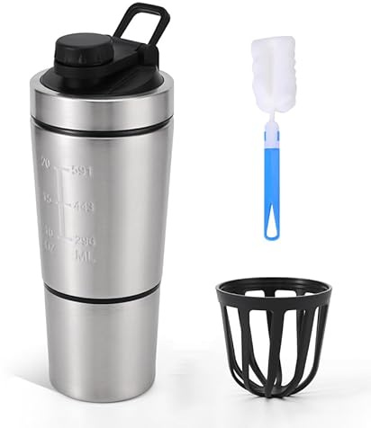 iAbaigla 304 Stainless Steel Protein Mixer Cup, Single Layer with Bottom Powder Storage, 2 Sections, Detachable Strainer, Easy-Carry Handle, [27oz]