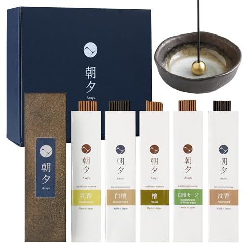 Asayu Japan Set Regalo di Incensi Naturali con Portaincenso Zen – Confezione da 5 Profumazioni, con Ciotola in Ceramica, Prodotto in Giappone – Incenso Naturale + Mini Portaincenso