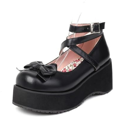 Donna Tacco A Zeppa Piattaforma Lolita Scarpe Incrociato Cinturino alla Caviglia Mary Janes con Fibbia Chiusa Punta Rotonda Décolleté da Vestito con Fiocco,Nero,46 EU