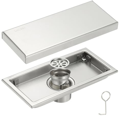 sourcing map Rectangular Shower Drain, Brushed 304 Stainless Steel Odor-proof Floor Drain Linear Shower Drain Hair Catcher for Bathroom Kitchen and Laundry Room(8 Inch, Brushed Silver)