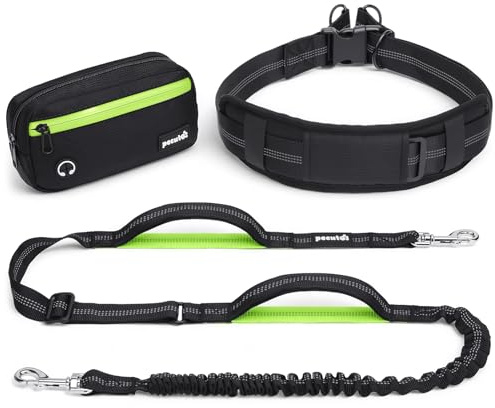 Pecute Correa Perro Cintura Antitirones, Correas Manos Libres con Bolsillo Impermeable & Desmontable, Doble Asa, Cuerda Elástica Amortiguadora, Adecuado para Correr, Caminar y Entrenar, para 5-15kg