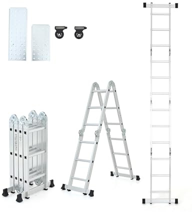 CO-Z 7-in-1 Multi-Purpose Ladder, 3.5 m Aluminium Combination Stepladder with 2 Metal Plates and 12 Steps 150 kg Capacity, Articulated Staircase Extension Scaffold Stairs in One, Silver