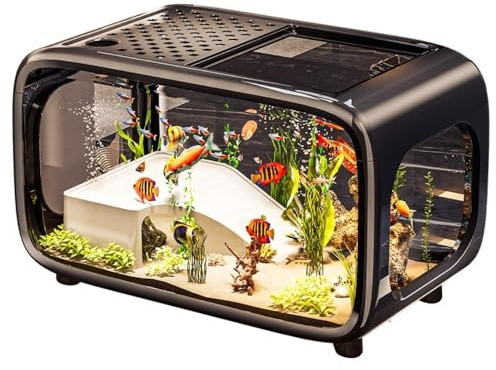 Small Desktop Aquarium Tank, Shatterproof High Clarity Reptile Terrarium with Lid & Climbing Platform(Milky White)
