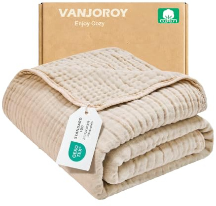 VANJOROY Muslin överkast – 100 % bomull 6-lager Oeko-Tex certifierad, mjuk lätt sommarfilt som gosig filt, överkast, bomullsfilt för soffa och säng. (Beige, 200 x 230 cm)