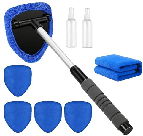 Cepillo Limpiador Parabrisas Ventanas de Coche,Herramientas De Limpieza,Kit Limpieza Coche Extensible,Cepillo Lavar Coche,con Cabezal Giratorio 180°,4 Almohadillas de microfibra,2 Botella y 1 Toalla