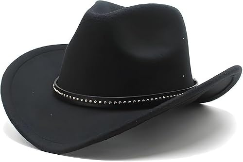 Cowboy Hat for Women and Men, Western Faux Leather Cowboy Cowgirl Hat Classic Wide Edge Fedora Hats for Men & Women Rock Wide Edge Black