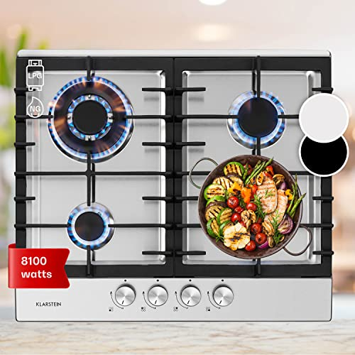 Klarstein Tables de Cuisson, Plaque de Cuisson à 4 Brûleurs, Table Encastrable à 4 Feux de 8100W, Cuisiniere, Gaziniere Gaz en Acier Inoxydable, Cuisinières GP