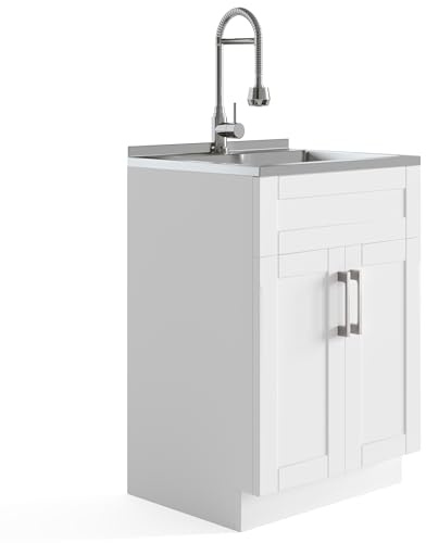 SIMPLIHOME Hennessy All-in-One 24 inch Wide Utility Sink and Laundry Cabinet in Pure White Finish, Transitional Stainless Steel Sink Cabinet for Laundry Rooms with High-Arch Chrome Faucet and Storage