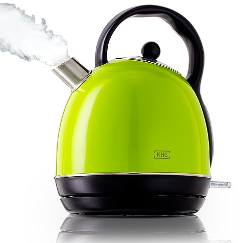 KHG Kessel-Wasserkocher WK-1711 Retro in grün aus Edelstahl, 1,7 Liter, abwaschbarer Kalkfilter, Wasserstandsanzeige, Trockengehschutz & Abschaltautomatik, verdecktes Heizelement, BPA-frei, 2200 Watt