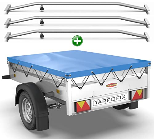 Tarpofix® Telo per rimorchio auto 209 x 115 x 10 cm + 3x Staffa per telone (regolabile 100-145 cm) - Copri rimorchio in materiale PVC - Telo PVC per vari rimorchi auto da 750kg