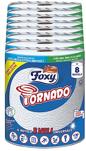 Foxy Tornado | Trockner | 8 Rollen | 250 Blatt pro Rolle | 3-lagige Universalrolle | Papier 100% FSC® zertifiziert | Verpackung 100% recyclebar