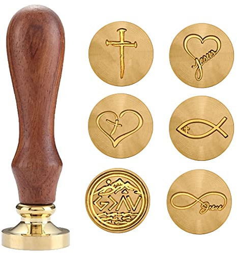 Christian Wax Seal Stamp Kit with 6 Brass Heads + Handle & Gift Box – Cross, Jesus Fish, Faith Hope Love – Religious Symbols for Envelopes, Letters, Bible Journaling (6 wax seals and 1 wooden handle)