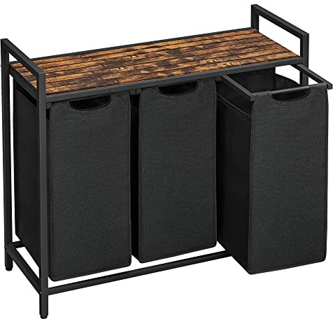 VASAGLE Laundry Hamper, Laundry Basket, Laundry Sorter with 3 Pull-Out and Removable Bags, Shelf, Metal Frame, 3 x 10.6 Gallons (40 L), 36.4 x 13 x 28.4 Inches, Ink Black and Rustic Brown UBLH301B01