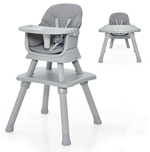 GYMAX 6 in 1 High Chairs, Convertible Baby Dining Highchair with Adjustable and Removable Tray & 5-Point Seat Harness, Multifunctional Infant Feeding Chair for Toddler(Gray, 58 x 58 x 98 cm)