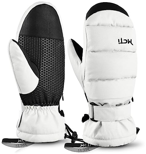 Kineed Skihandschuhe Damen Snowboard Fausthandschuhe Touchscreen wasserdichte Winter Warme Fäustlinge mit versteckter Reißverschlusstasche Weiß