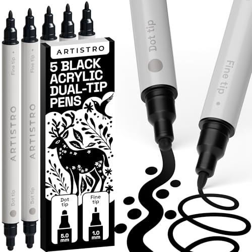 ARTISTRO 5 Black Acrylic Paint Pens for Rock, Fabric, Wood, Glass, Decoration - Dual Tip (Dot & Fine) Paint Markers for Coloring Books for Adults, Teens, Kids - Art and Craft Supplies Kit