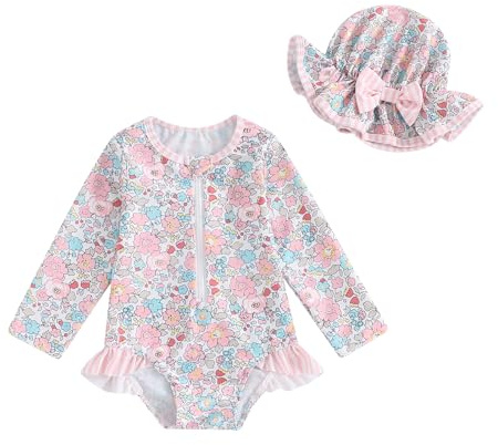 HodJIU Conjunto Traje de Baño Bebé Niña Anti-UV de Manga Larga Estampado Costume de Baño para Piscina Natación Playa + Sombrero de Sol, 12 meses