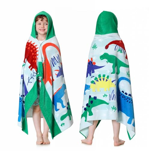 MOKANI Kids Hooded Beach Bath Towels | Soft Thick Super Absorbent Cotton | 50 x 30 Beach Bath Swimming Towels for Girls Boys Ages 3-12, Green Dinosaur