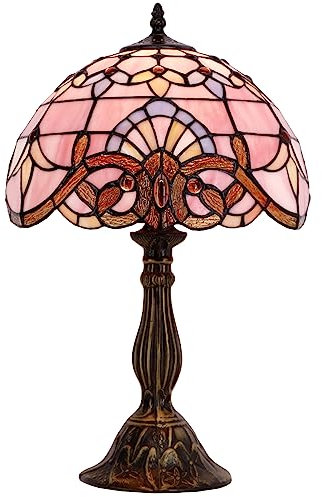 WERFACTORY Tiffany Lamp Stained Glass Table Lamp 12X12X18 Inch Pink Baroque Style Lavender Bedside Reading Desk Light Decor Bedroom Living Room Home Office S003P Series