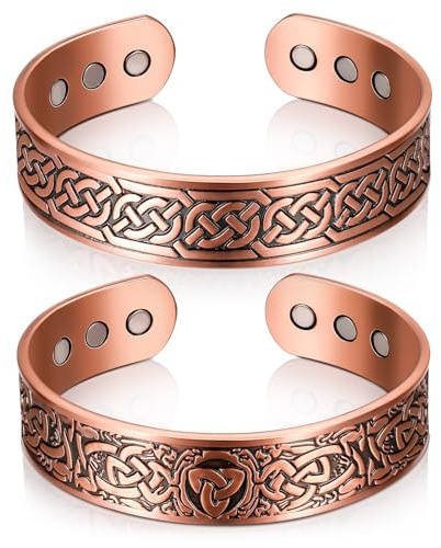 Otuuz 2 Braccialetti Magnetici in Rame 99,99% Bracciale in Rame Massiccio da 3500 Gauss con 9 Magneti Bracciale Rigido Regolabili con Design Albero e Celtico per Uomo Donna(Modello)
