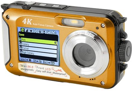 Caméra Imperméable 4K, 56 MP avec Double Écran, Mise Au Point Automatique, Appareil Photo sous-Marin HD jusqu'à 10 Pieds, Mémoire 64 G avec 2 Batteries