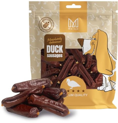 MERSJO Hundeleckerlis Premium - Salchichas de pato para perros, 500 g, sin gluten, 90% carne de pato, aperitivos naturales para perros
