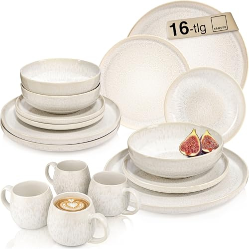SÄNGER | Geschirrset Korfu 16 tlg, Tafelservice 4 Personen, Steingut Geschirr Handmade, Set inkl. Essteller Dessertteller Tiefe Teller Kaffeebecher, Essgeschirr Creme Farben mit Sandiger Maserung